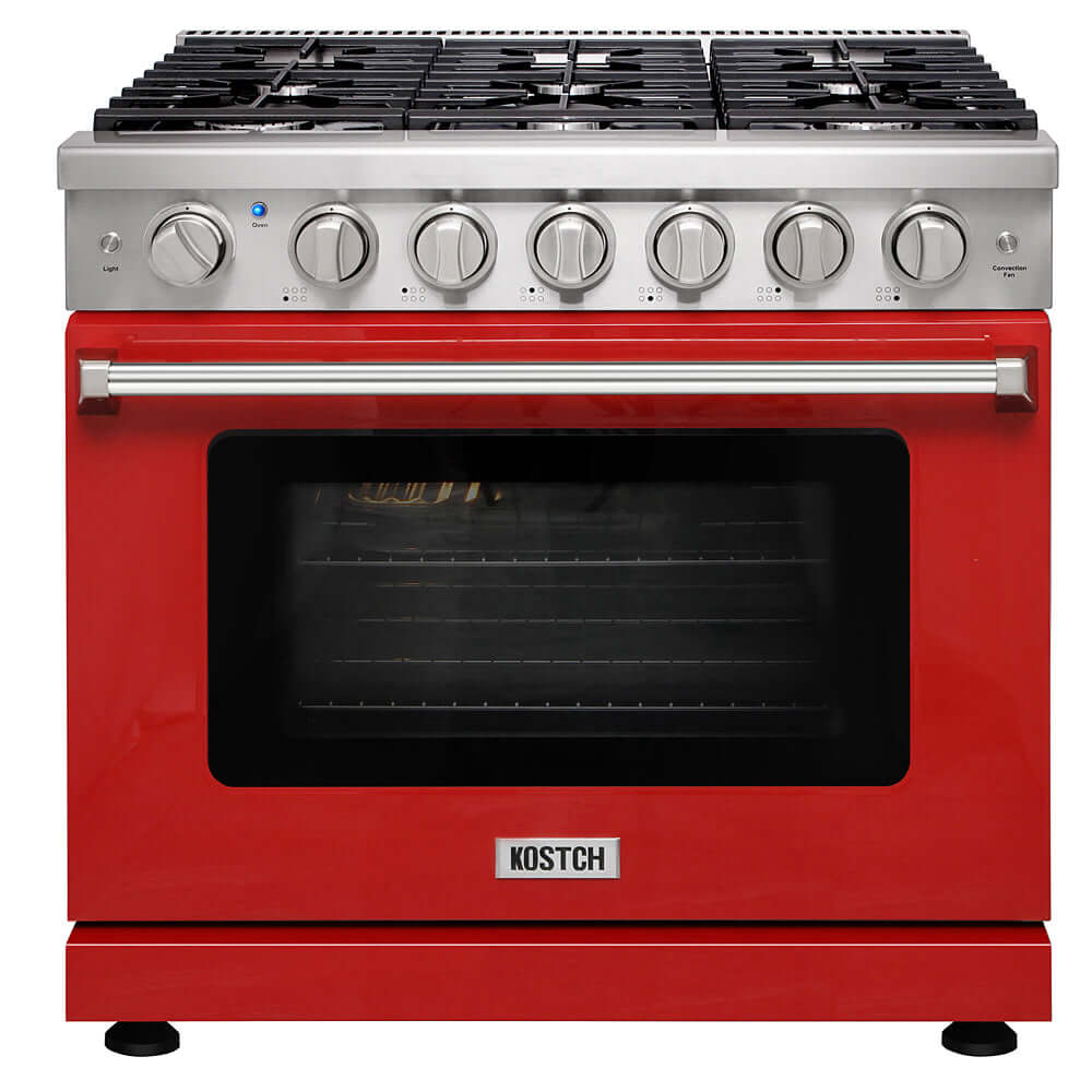 KOSTCH 36 in. 6 Burner Natural Gas Range with 6.0 cu. ft. Convection Oven in Stainless Steel with Red Oven Door (KOS-36RG03M-R)