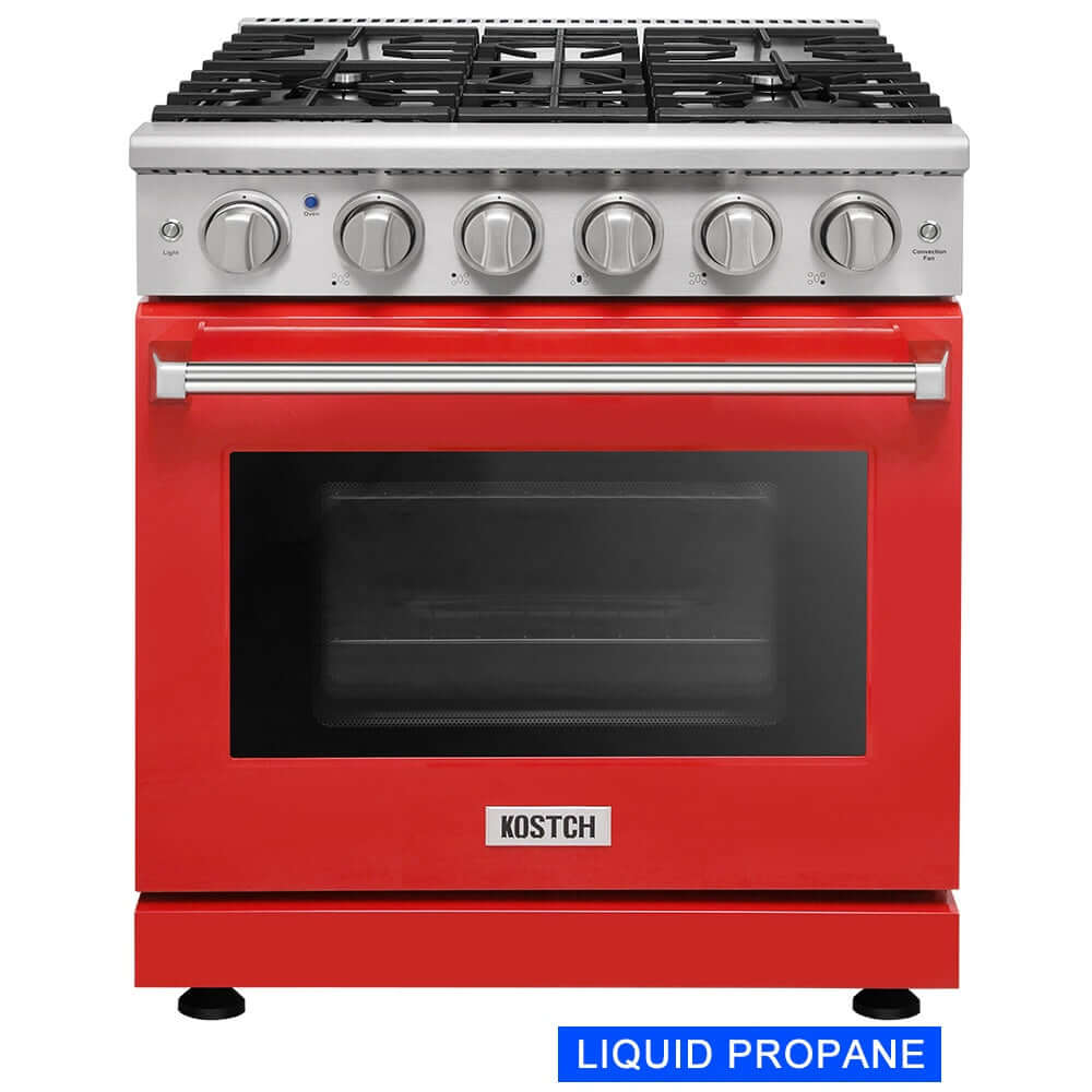 KOSTCH 30 in. Liquid Propane Gas Range with 5 Burners and 4.55 cu. ft. Convection Oven in Stainless Steel with Red Oven Door (KOS-30RG03MLP-R)