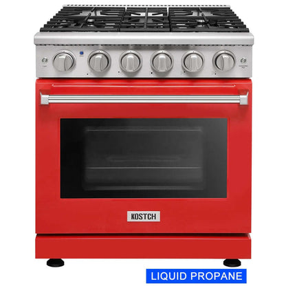 KOSTCH 30 in. Liquid Propane Gas Range with 5 Burners and 4.55 cu. ft. Convection Oven in Stainless Steel with Red Oven Door (KOS-30RG03MLP-R)