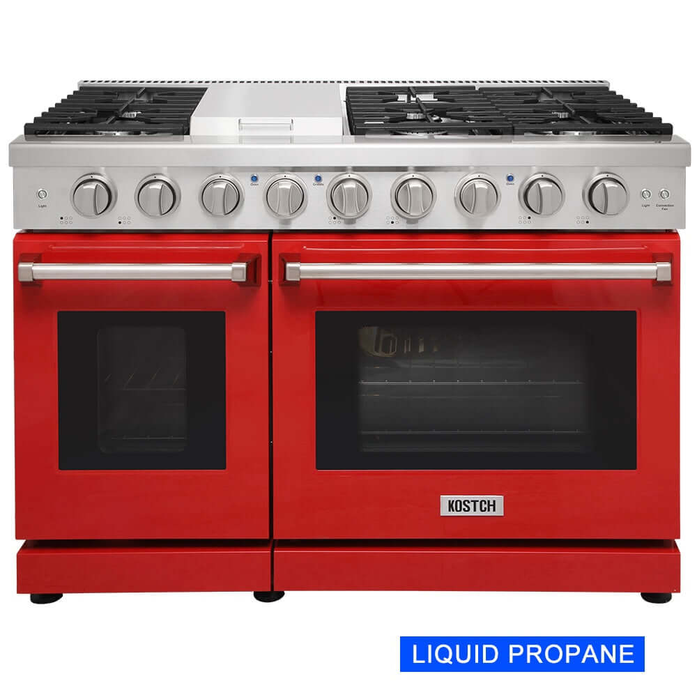 KOSTCH 48 in. Liquid Propane 6 Burner Gas Range with 6.8 cu. ft. Double Oven and Griddle in Stainless Steel with Red Oven Doors (KOS-48RG03MLP-R)