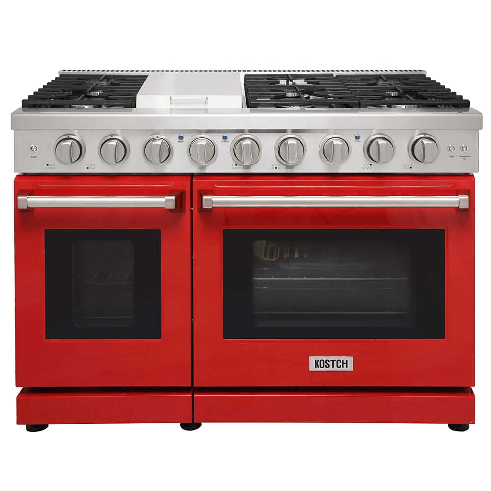 KOSTCH 48 in. 6 Burner Gas Range with 6.8 cu. ft. Double Oven and Griddle in Stainless Steel with Red Oven Doors (KOS-48RG03M-R)