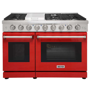 KOSTCH 48 in. 6 Burner Gas Range with 6.8 cu. ft. Double Oven and Griddle in Stainless Steel with Red Oven Doors (KOS-48RG03M-R) main image.