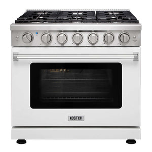 KOSTCH 36 in. 6 Burner Natural Gas Range with 6.0 cu. ft. Convection Oven in Stainless Steel with White Oven Door (KOS-36RG03M-W) main image.