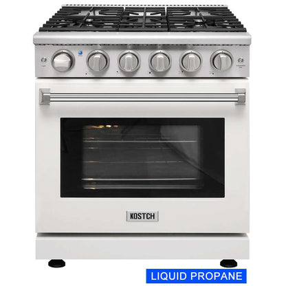 KOSTCH 30 in. Liquid Propane Gas Range with 5 Burners and 4.55 cu. ft. Convection Oven in Stainless Steel with White Oven Door (KOS-30RG03MLP-W)