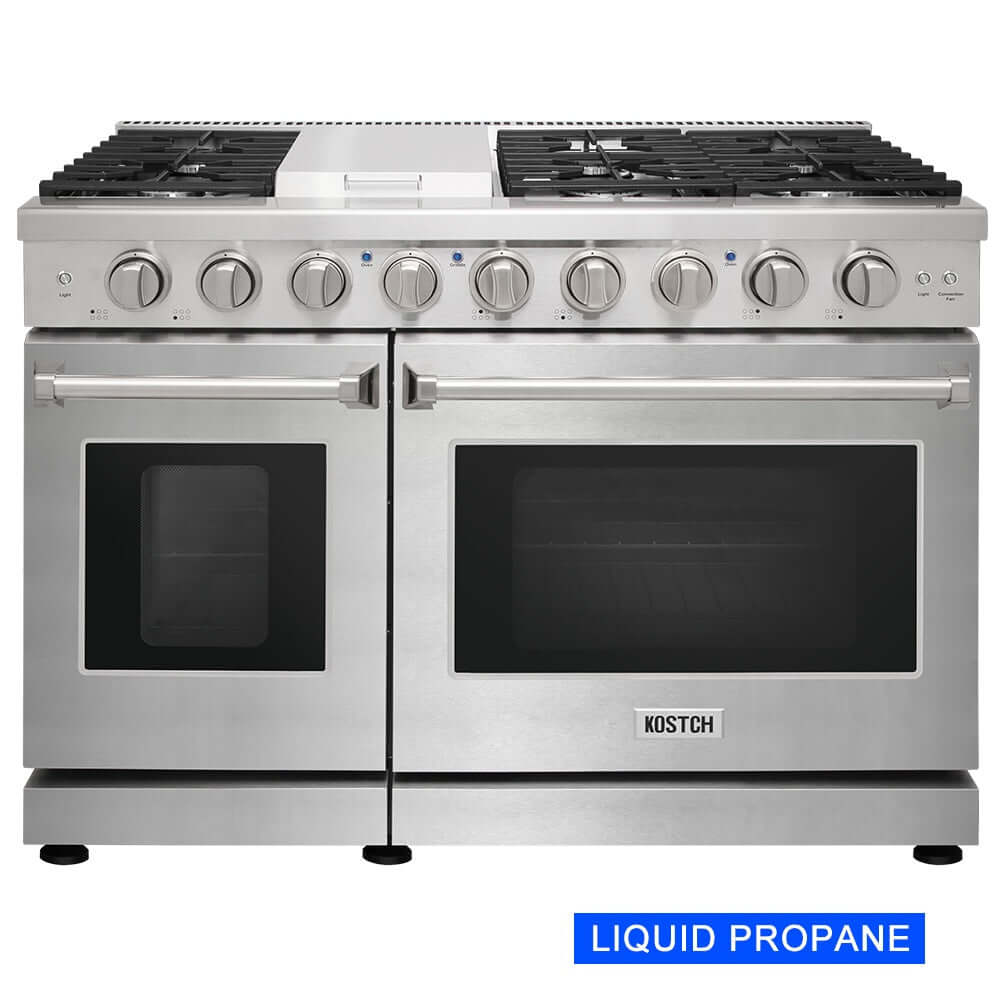 KOSTCH 48 in. Liquid Propane 6 Burner Gas Range with 6.8 cu. ft. Double Oven and Griddle in Stainless Steel (KOS-48RG03MLP-S)