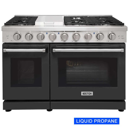 KOSTCH 48 in. Liquid Propane 6 Burner Gas Range with 6.8 cu. ft. Double Oven and Griddle in Stainless Steel with Black Oven Doors (KOS-48RG03MLP-B)