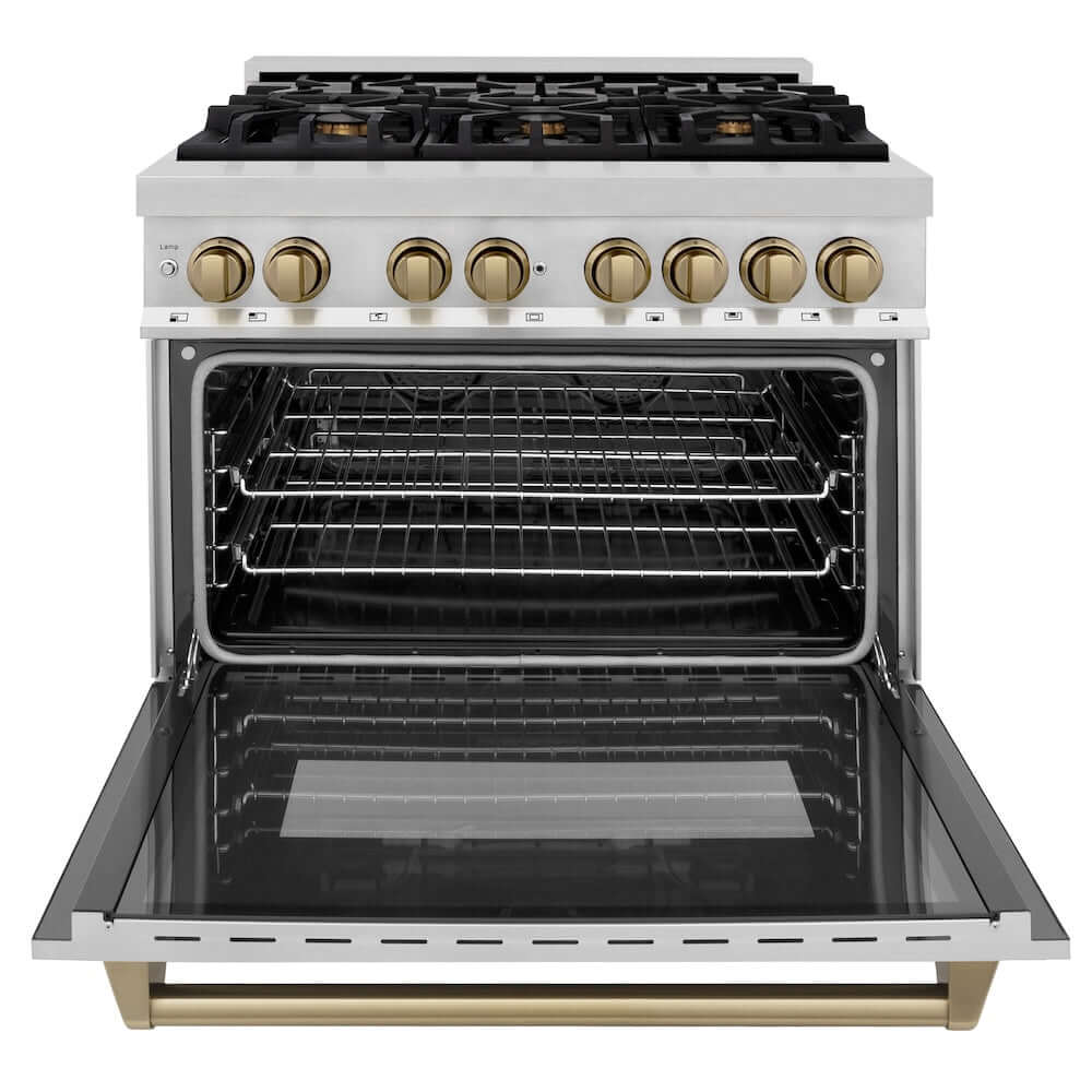 ZLINE Autograph Edition 36 in. 4.6 cu. ft. Legacy Dual Fuel Range with 6 Burner Gas Cooktop and Electric Convection Oven in Stainless Steel and Champagne Bronze Accents, Open Box-Great Condition