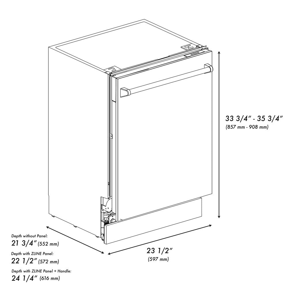 ZLINE 24 in. Tallac Series 3rd Rack Tall Tub Dishwasher in Blue Gloss with Stainless Steel Tub, 51dBa (DWV-BG-24) dimensional diagram with measurements.