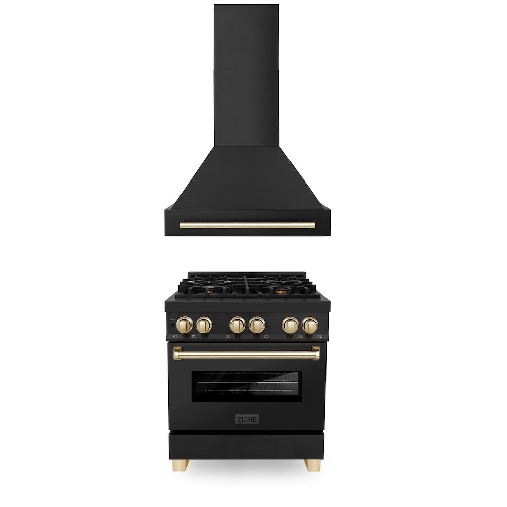ZLINE 30 in. Autograph Edition Kitchen Package with Black Stainless Steel Dual Fuel Range and Range Hood with Polished Gold Accents (2AKP-RABRH30-G)