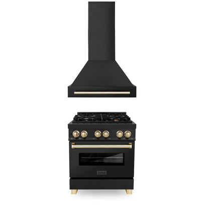 ZLINE 30 in. Autograph Edition Kitchen Package with Black Stainless Steel Dual Fuel Range and Range Hood with Polished Gold Accents (2AKP-RABRH30-G)