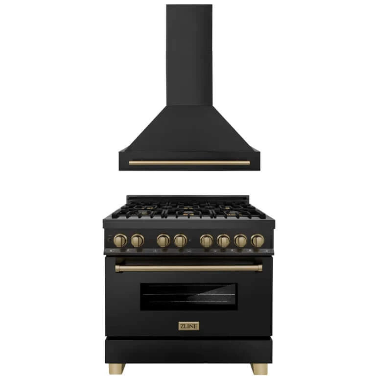 ZLINE Autograph Edition 36 in. Kitchen Package with Black Stainless Steel Dual Fuel Range and Range Hood with Champagne Bronze Accents (2AKP-RABRH36-CB)