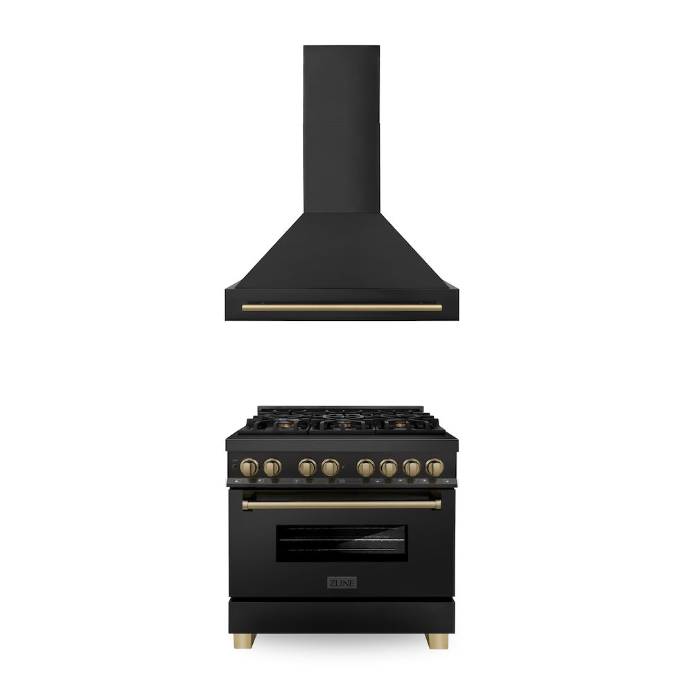 ZLINE 36 in. Autograph Edition Kitchen Package with Black Stainless Steel Dual Fuel Range and Range Hood with Champagne Bronze Accents (2AKP-RABRH36-CB)