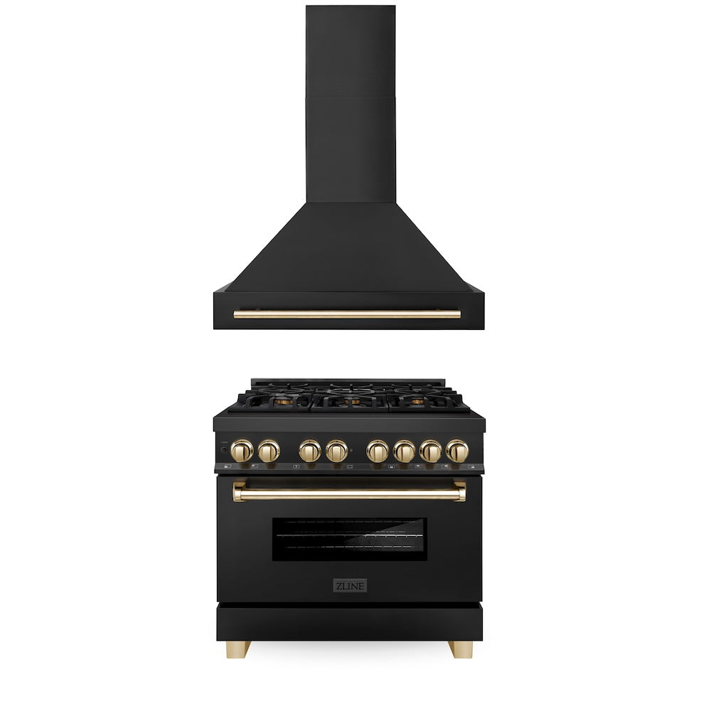 ZLINE Autograph Edition 36 in. Kitchen Package with Black Stainless Steel Dual Fuel Range and Range Hood with Polished Gold Accents (2AKP-RABRH36-G)