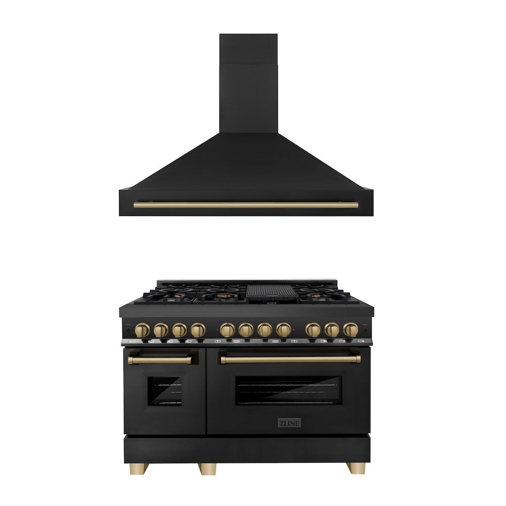 ZLINE Autograph Edition 48 in. Kitchen Package with Black Stainless Steel Dual Fuel Range and Range Hood with Champagne Bronze Accents (2AKP-RABRH48-CB)