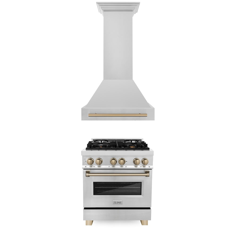 ZLINE Autograph Edition 30 in. Kitchen Package with Stainless Steel Dual Fuel Range and Range Hood with Champagne Bronze Accents (2AKP-RARH30-CB)