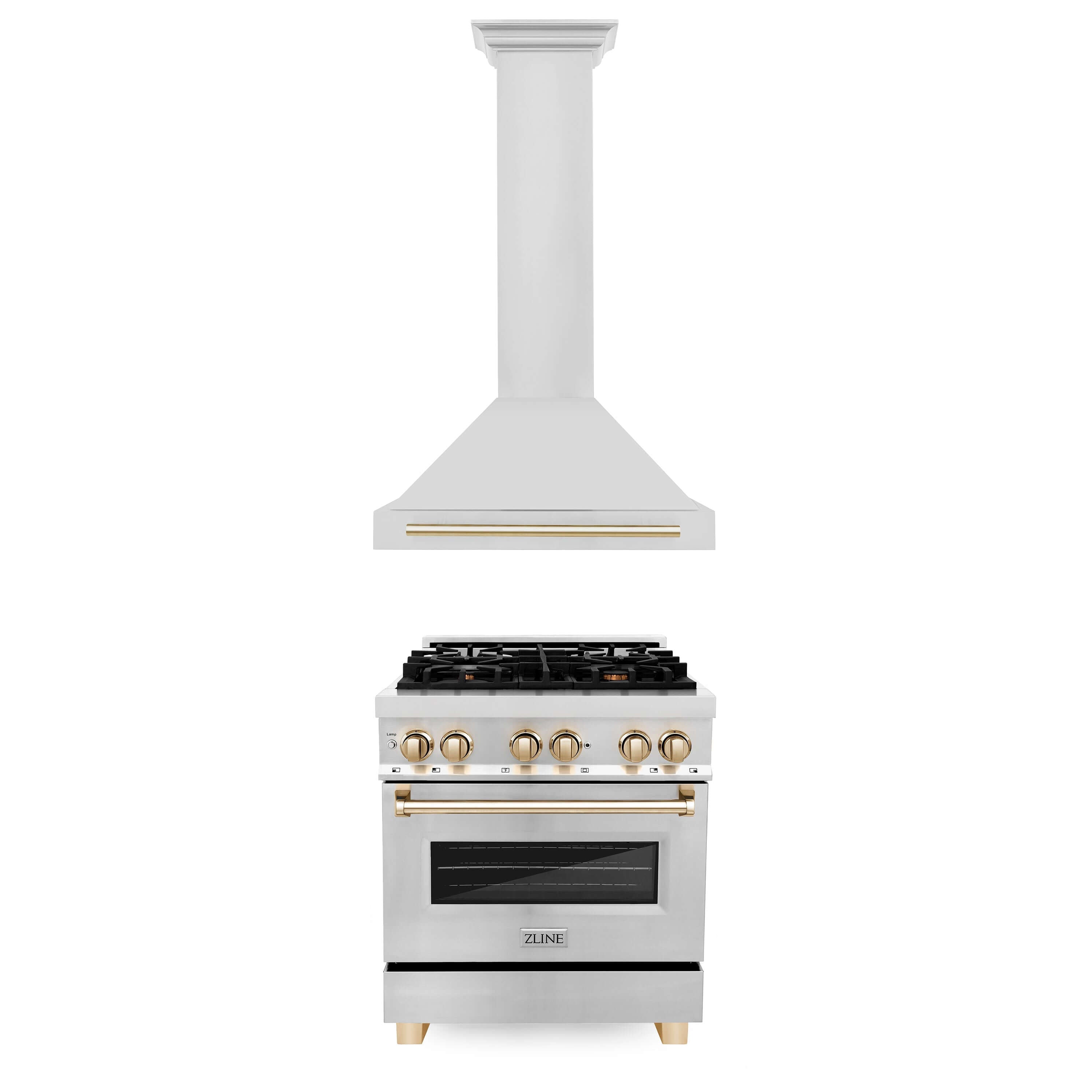 ZLINE Autograph Edition 30 in. Kitchen Package with Stainless Steel Dual Fuel Range and Range Hood with Polished Gold Accents (2AKP-RARH30-G)