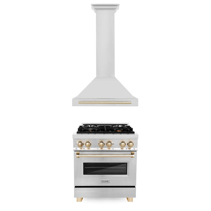 ZLINE 30 in. Autograph Edition Kitchen Package with Stainless Steel Dual Fuel Range and Range Hood with Polished Gold Accents (2AKP-RARH30-G)