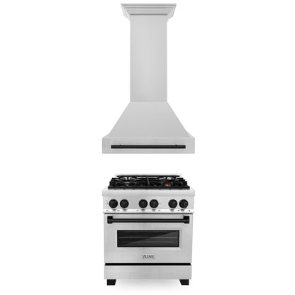 ZLINE 30 in. Autograph Edition Kitchen Package with Stainless Steel Dual Fuel Range and Range Hood with Matte Black Accents (2AKP-RARH30-MB)