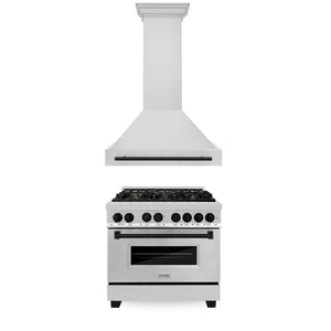 ZLINE Autograph Edition 36 in. Kitchen Package with Stainless Steel Dual Fuel Range and Range Hood with Matte Black Accents (2AKP-RARH36-MB)