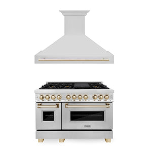 ZLINE Autograph Edition 48 in. Kitchen Package with Stainless Steel Dual Fuel Range and Range Hood with Polished Gold Accents (2AKP-RARH48-G)