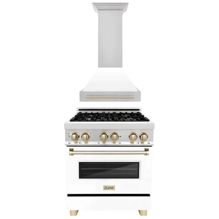 ZLINE 30 in. Autograph Edition Kitchen Package with Stainless Steel Dual Fuel Range with White Matte Door and Range Hood with Polished Gold Accents (2AKP-RAWMRH30-G)