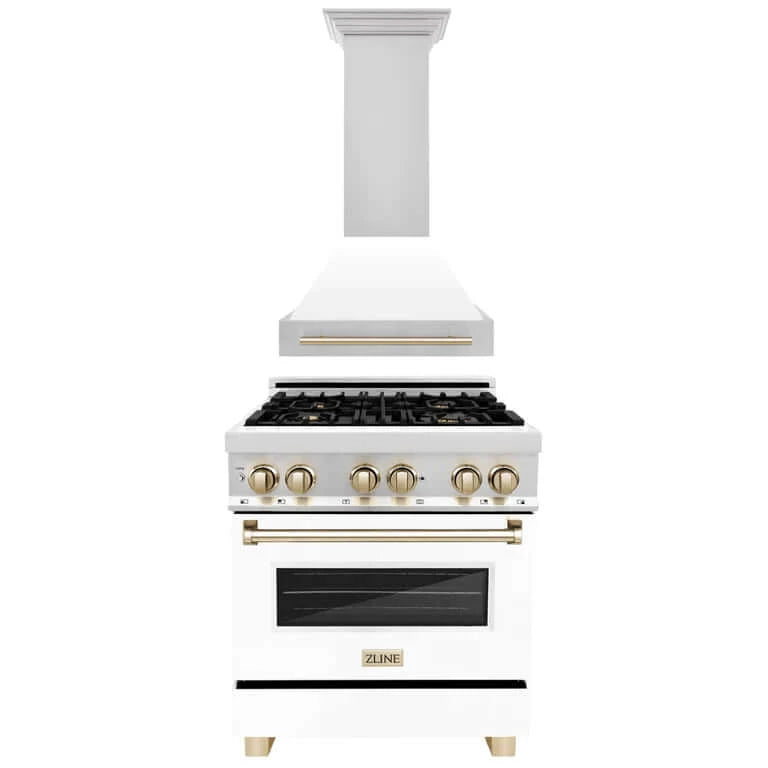 ZLINE Autograph Edition 30 in. Kitchen Package with Stainless Steel Dual Fuel Range with White Matte Door and Range Hood with Polished Gold Accents (2AKP-RAWMRH30-G)