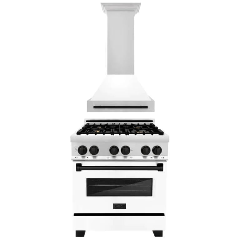 ZLINE Autograph Edition 30 in. Kitchen Package with Stainless Steel Dual Fuel Range with White Matte Door and Range Hood with Matte Black Accents (2AKP-RAWMRH30-MB)