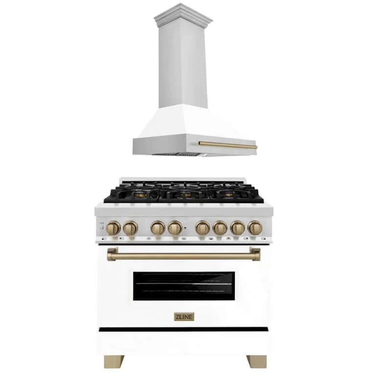ZLINE Autograph Edition 36 in. Kitchen Package with Stainless Steel Dual Fuel Range with White Matte Door and Range Hood with Champagne Bronze Accents (2AKP-RAWMRH36-CB)