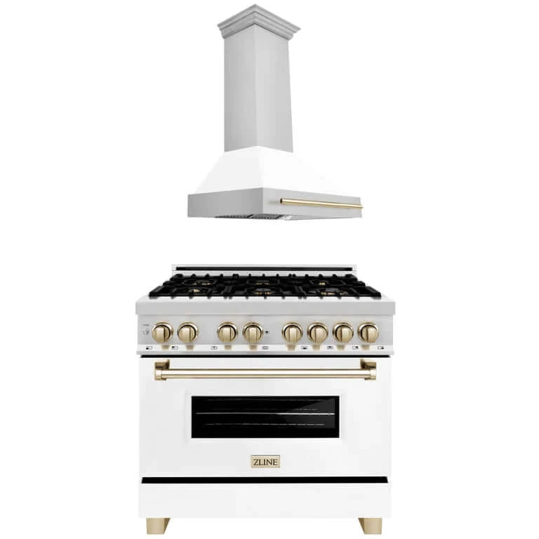 ZLINE Autograph Edition 36 in. Kitchen Package with Stainless Steel Dual Fuel Range with White Matte Door and Range Hood with Polished Gold Accents (2AKP-RAWMRH36-G)