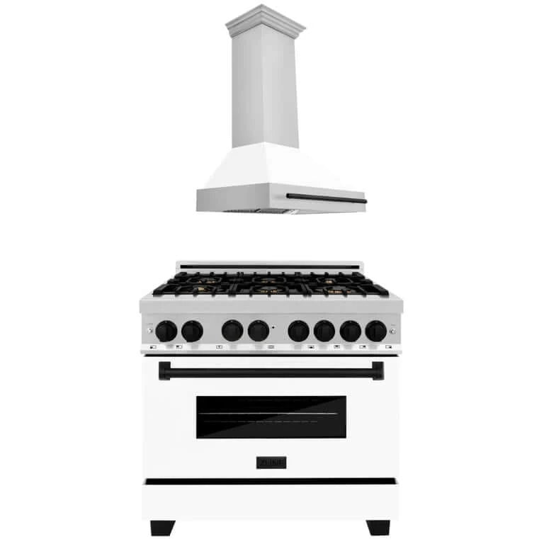 ZLINE 36 in. Autograph Edition Kitchen Package with Stainless Steel Dual Fuel Range with White Matte Door and Range Hood with Matte Black Accents (2AKP-RAWMRH36-MB)