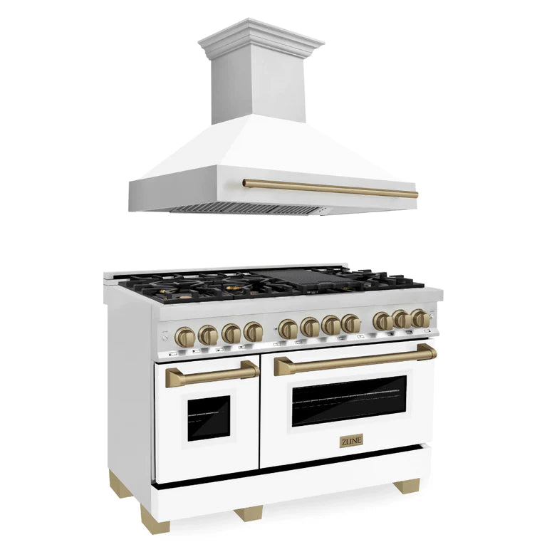 ZLINE 48 in. Autograph Edition Kitchen Package with Stainless Steel Dual Fuel Range with White Matte Door and Range Hood with Champagne Bronze Accents (2AKP-RAWMRH48-CB)