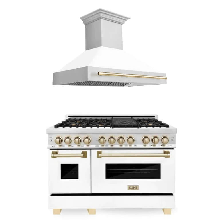 ZLINE Autograph Edition 48 in. Kitchen Package with Stainless Steel Dual Fuel Range with White Matte Doors and Range Hood with Polished Gold Accents (2AKP-RAWMRH48-G) 