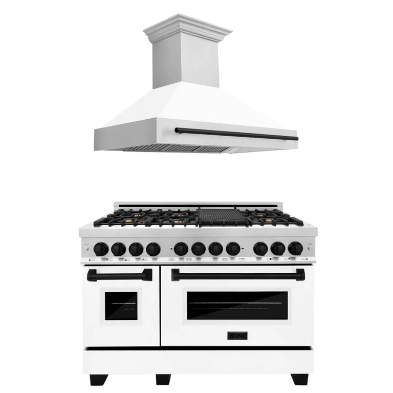 ZLINE 48 in. Autograph Edition Kitchen Package with Stainless Steel Dual Fuel Range with White Matte Door and Range Hood with Matte Black Accents (2AKP-RAWMRH48-MB)