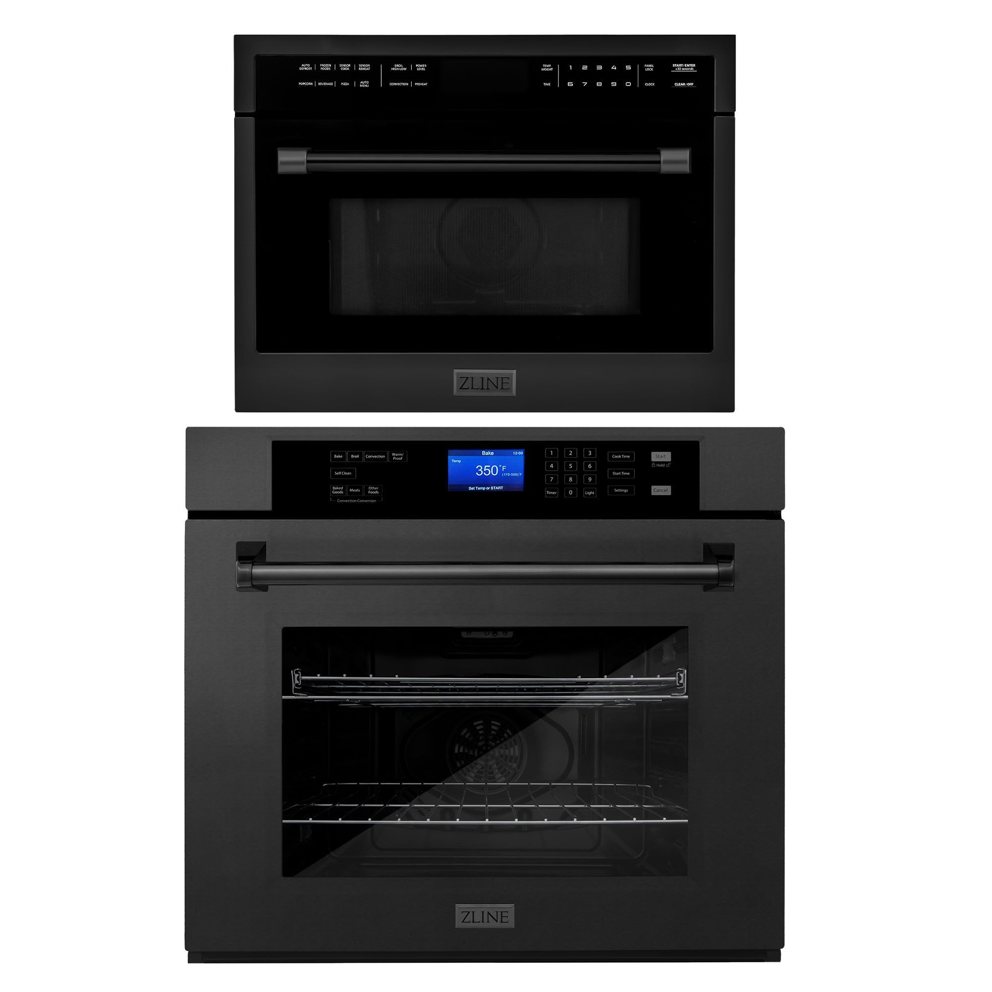 ZLINE Black Stainless Steel 24 in. Built-in Convection Microwave Oven and 30 in. Single Wall Oven with Self Clean (2KP-MW24-AWS30BS)