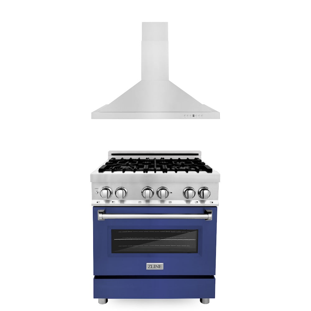 ZLINE 30 in. Kitchen Package with Stainless Steel Dual Fuel Range with Blue Matte Door and Convertible Vent Range Hood (2KP-RABMRH30)