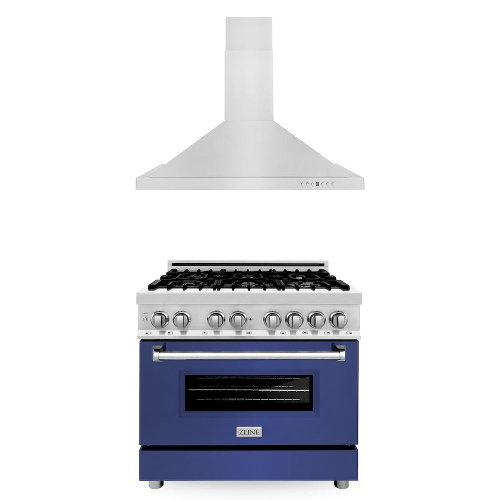 ZLINE 36 in. Kitchen Package with Stainless Steel Dual Fuel Range with Blue Matte Door and Convertible Vent Range Hood (2KP-RABMRH36)