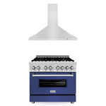 ZLINE 36 in. Kitchen Package with Stainless Steel Dual Fuel Range with Blue Matte Door and Convertible Vent Range Hood (2KP-RABMRH36)