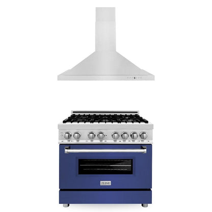 ZLINE 36 in. Kitchen Package with Stainless Steel Dual Fuel Range with Blue Matte Door and Convertible Vent Range Hood (2KP-RABMRH36)