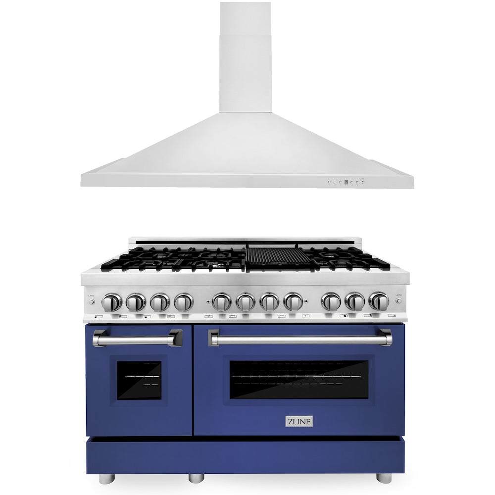 ZLINE 48 in. Kitchen Package with Stainless Steel Dual Fuel Range with Blue Matte Door and Convertible Vent Range Hood (2KP-RABMRH48)