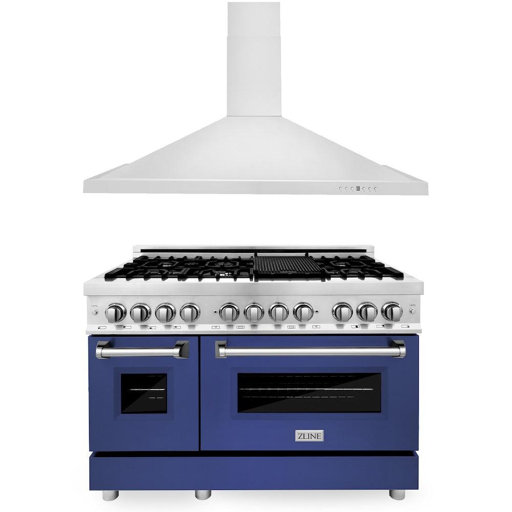 ZLINE 48 in. Kitchen Package with Stainless Steel Dual Fuel Range with Blue Matte Door and Convertible Vent Range Hood (2KP-RABMRH48)