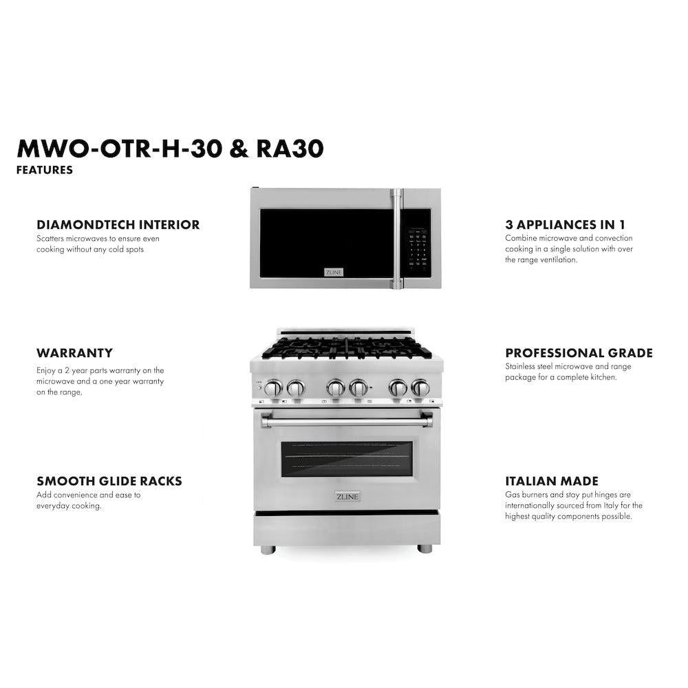 ZLINE 30 in. Kitchen Package with Stainless Steel Dual Fuel Range and Over The Range Microwave with Traditional Handle (2KP-RAOTRH30)