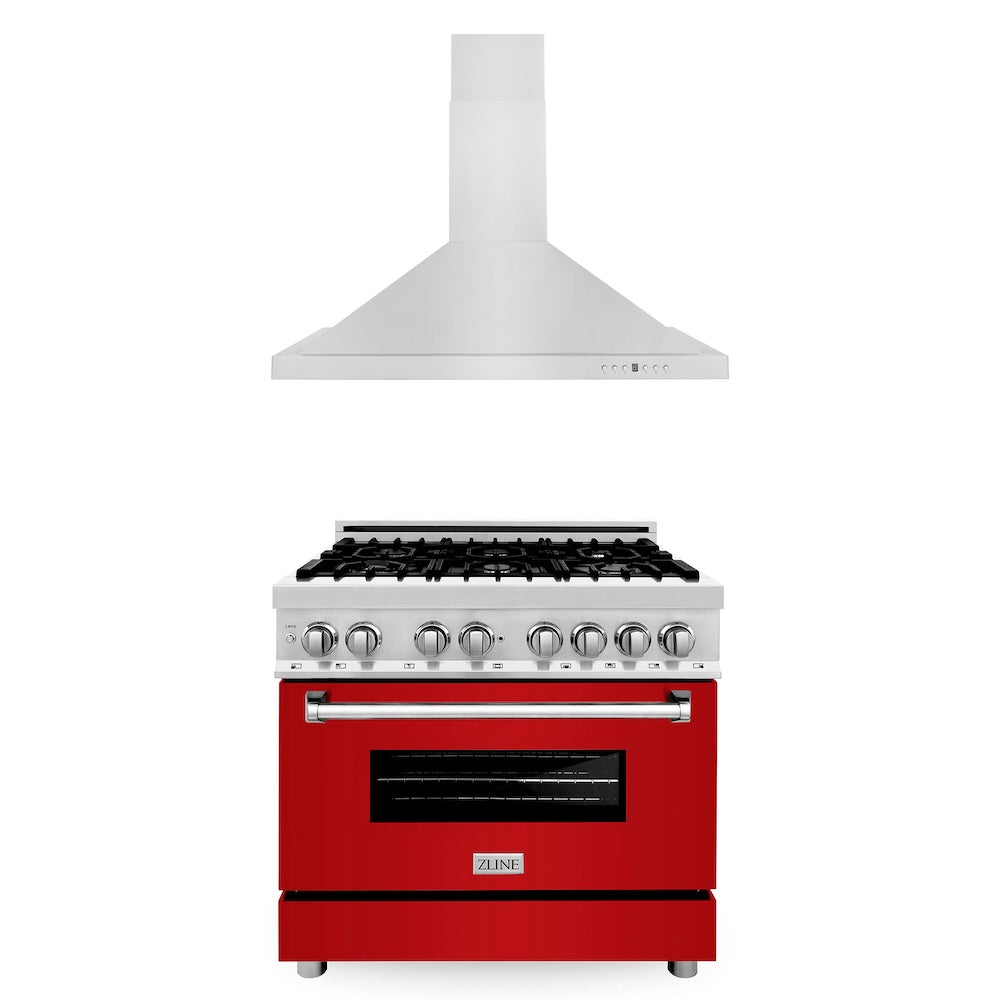 ZLINE 36 in. Kitchen Package with Stainless Steel Dual Fuel Range with Red Gloss Door and Convertible Vent Range Hood (2KP-RARGRH36)