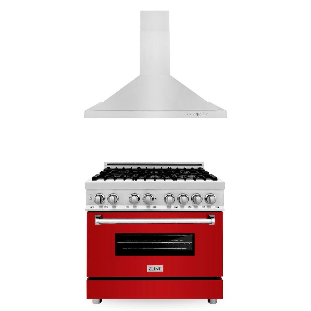 ZLINE 36 in. Kitchen Package with Stainless Steel Dual Fuel Range with Red Gloss Door and Convertible Vent Range Hood (2KP-RARGRH36)