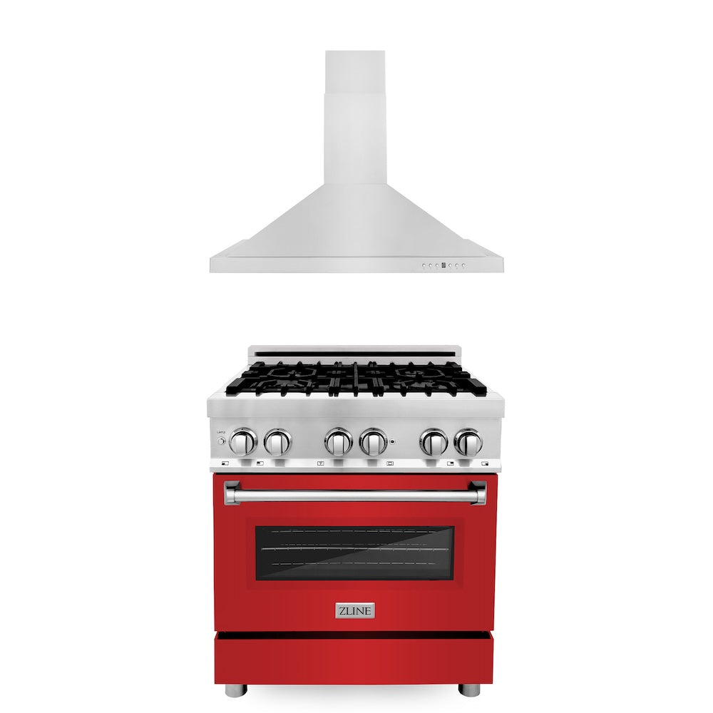 ZLINE 30 in. Kitchen Package with Stainless Steel Dual Fuel Range with Red Matte Door and Convertible Vent Range Hood (2KP-RARMRH30)