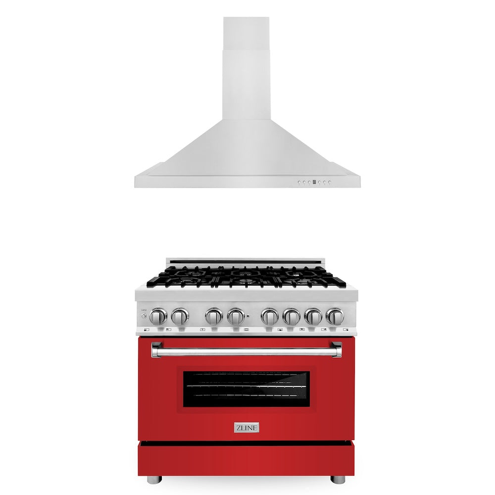 ZLINE 36 in. Kitchen Package with Stainless Steel Dual Fuel Range with Red Matte Door and Convertible Vent Range Hood (2KP-RARMRH36)