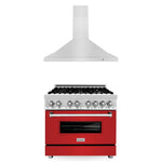 ZLINE 36 in. Kitchen Package with Stainless Steel Dual Fuel Range with Red Matte Door and Convertible Vent Range Hood (2KP-RARMRH36)