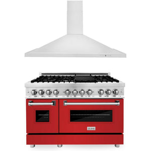 ZLINE 48 in. Kitchen Package with Stainless Steel Dual Fuel Range with Red Matte Door and Convertible Vent Range Hood (2KP-RARMRH48)