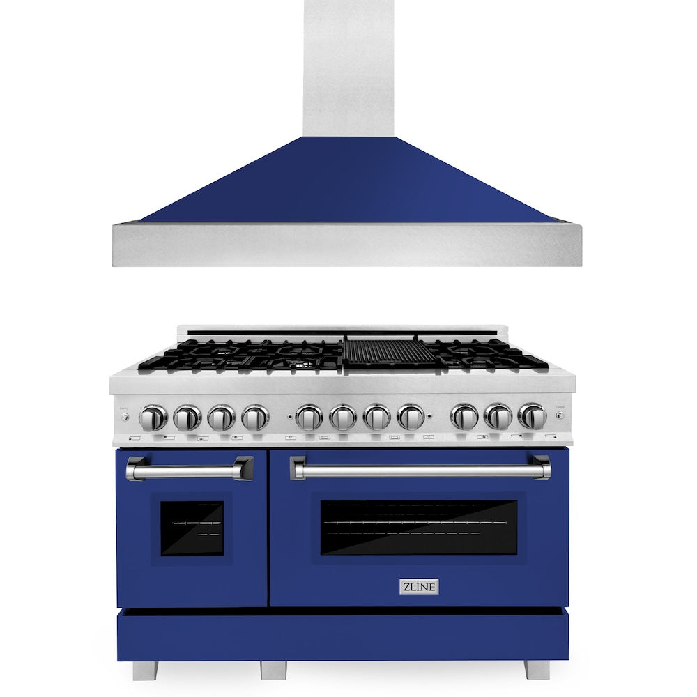 ZLINE 48 in. Kitchen Package with Fingerprint Resistant Stainless Steel Dual Fuel Range with Blue Gloss Door and Convertible Vent Range Hood (2KP-RASBGRH48)