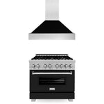 ZLINE 36 in. Kitchen Package with Satin Stainless Steel Dual Fuel Range with Black Matte Door and Convertible Vent Range Hood (2KP-RASBLMRH36)