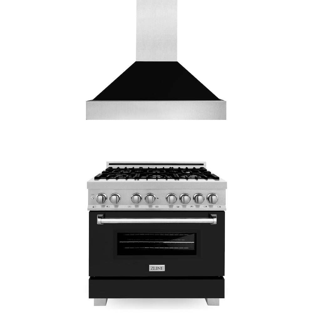 ZLINE 36 in. Kitchen Package with Satin Stainless Steel Dual Fuel Range with Black Matte Door and Convertible Vent Range Hood (2KP-RASBLMRH36)